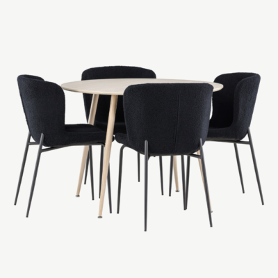 Ümmargune söögilauakomplekt Plaza (valge peits, 100 cm) ja mustad polsterdatud söögitoolid Modesto (4 tk) - GR24476