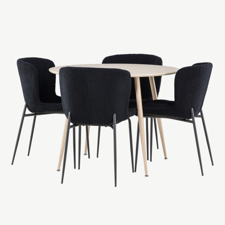 Ümmargune söögilauakomplekt Plaza (valge peits, 100 cm) ja mustad polsterdatud söögitoolid Modesto (4 tk) - GR24476