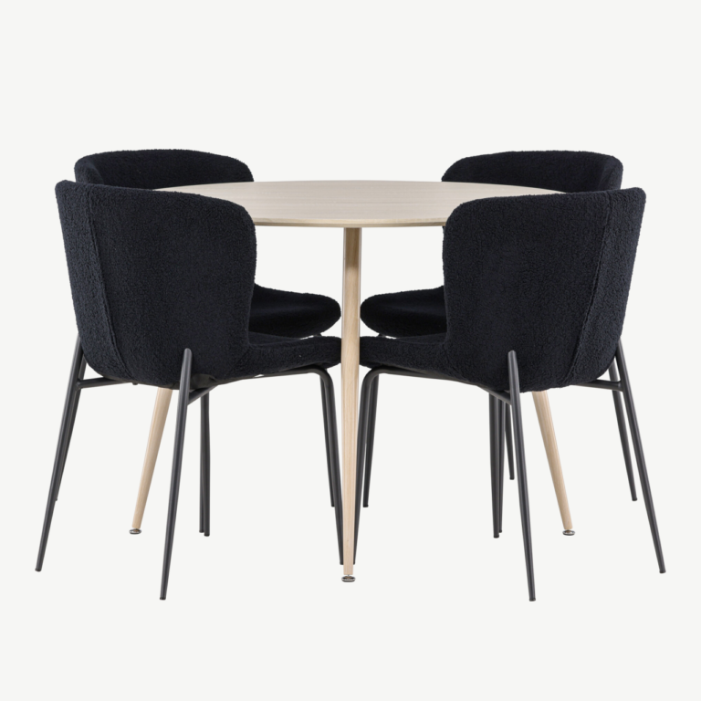 Ümmargune söögilauakomplekt Plaza (valge peits, 100 cm) ja mustad polsterdatud söögitoolid Modesto (4 tk) - GR24476