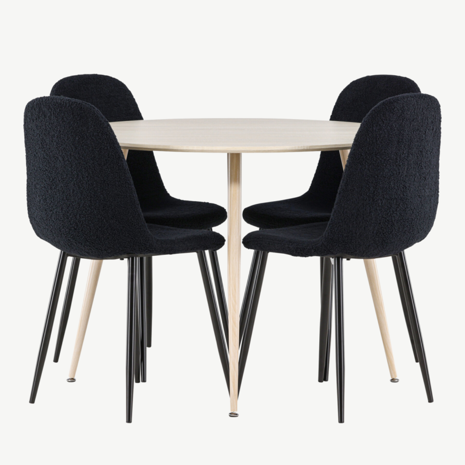 Ümmargune söögilauakomplekt Plaza valge peitsiga, 4 musta buklee tooliga Polar, GR24472 – 2