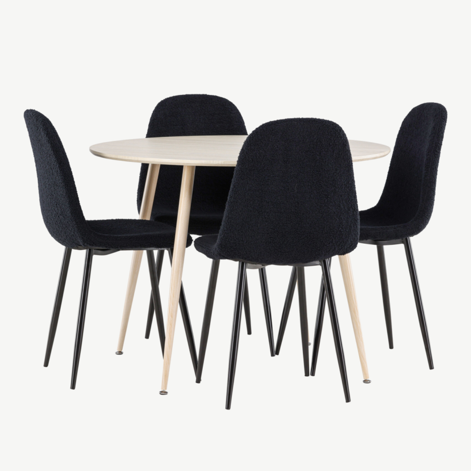 Ümmargune söögilauakomplekt Plaza valge peitsiga, 4 musta buklee tooliga Polar, GR24472 – 3