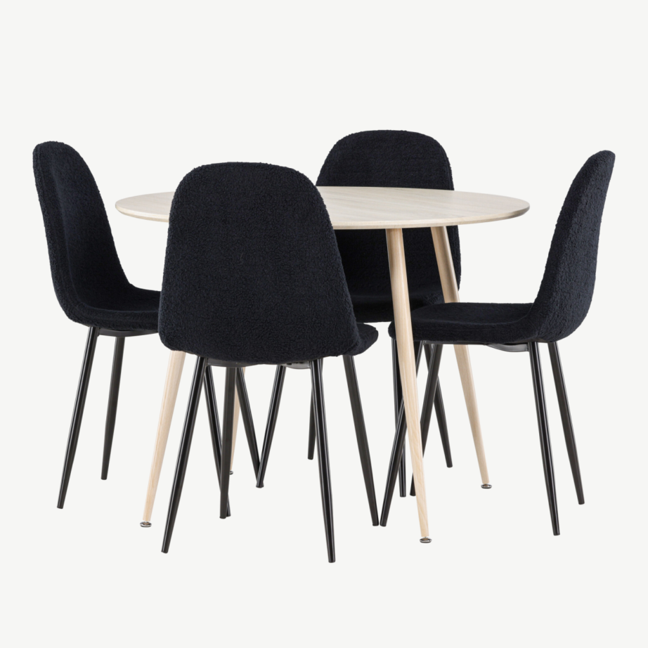 Ümmargune söögilauakomplekt Plaza valge peitsiga, 4 musta buklee tooliga Polar, GR24472 – 4