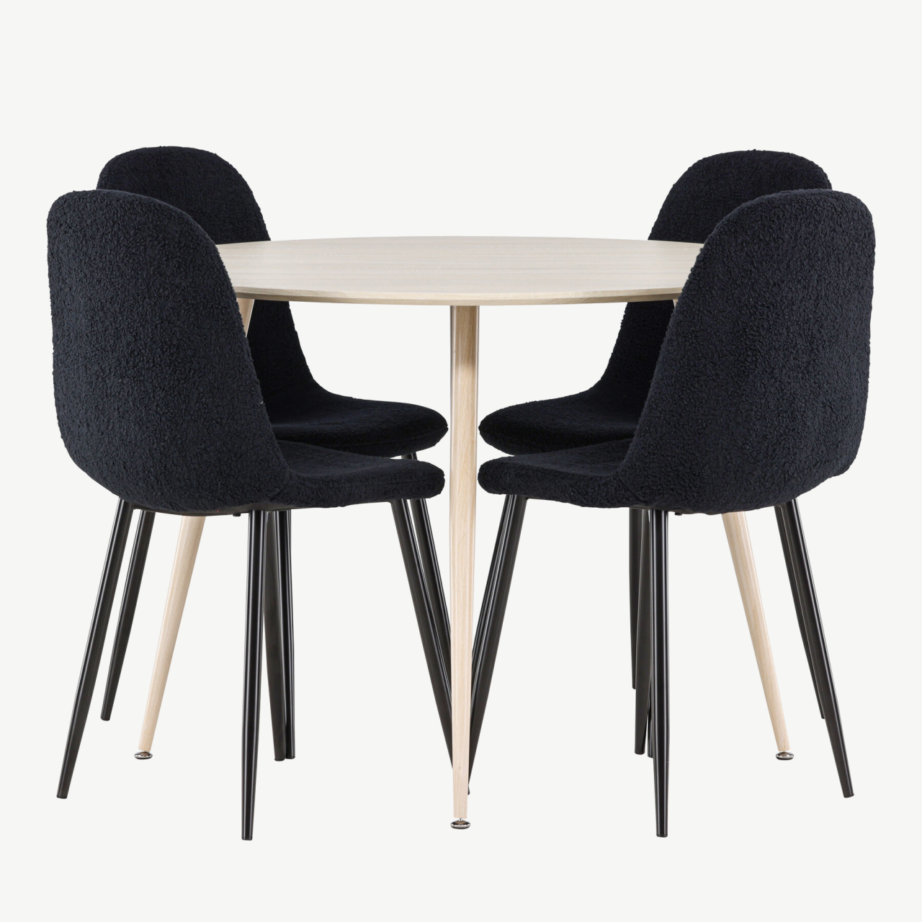 Ümmargune söögilauakomplekt Plaza valge peitsiga, 4 musta buklee tooliga Polar, GR24472 – 7