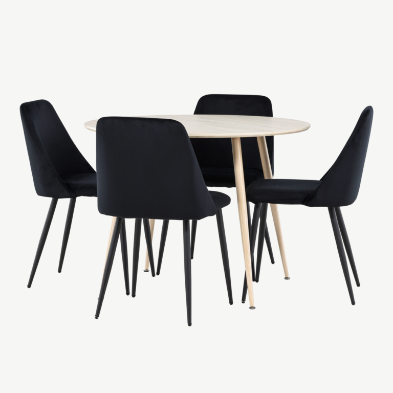 Ümmargune söögilauakomplekt Plaza (valge peitsiga MDF, mustad sametist toolid, ø100 cm) - GR24478