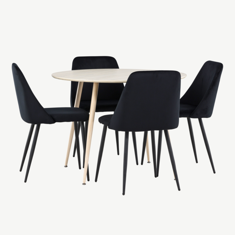 Ümmargune söögilauakomplekt Plaza (valge peitsiga MDF, mustad sametist toolid, ø100 cm) - GR24478