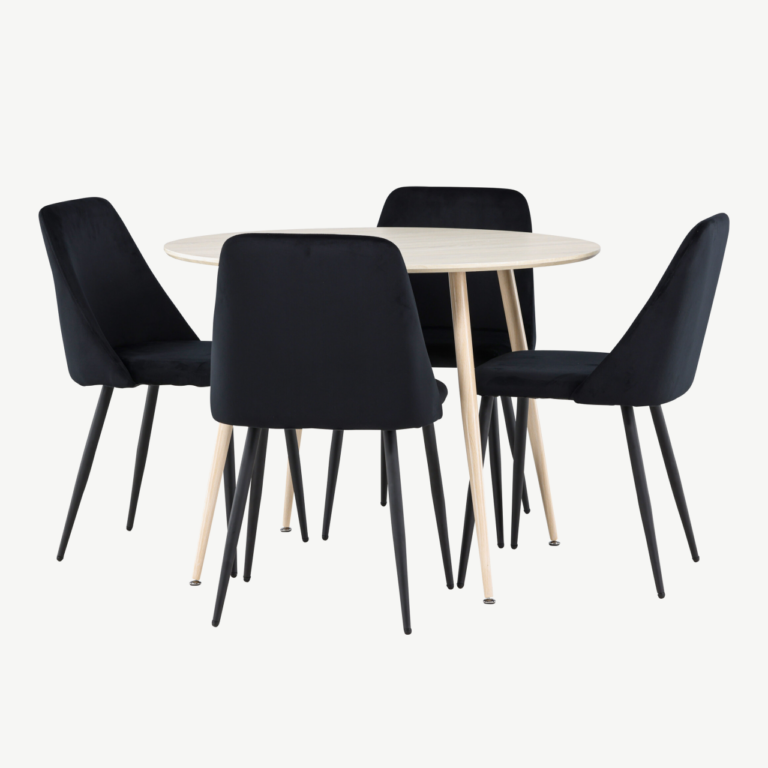 Ümmargune söögilauakomplekt Plaza (valge peitsiga MDF, mustad sametist toolid, ø100 cm) - GR24478