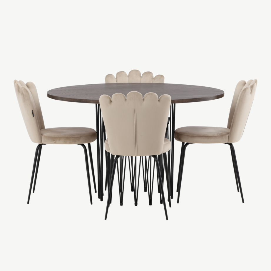 Ümmargune söögilauakomplekt Stone mokka viimistlusega laud ja beežid sametist toolid, GR23026 – 2