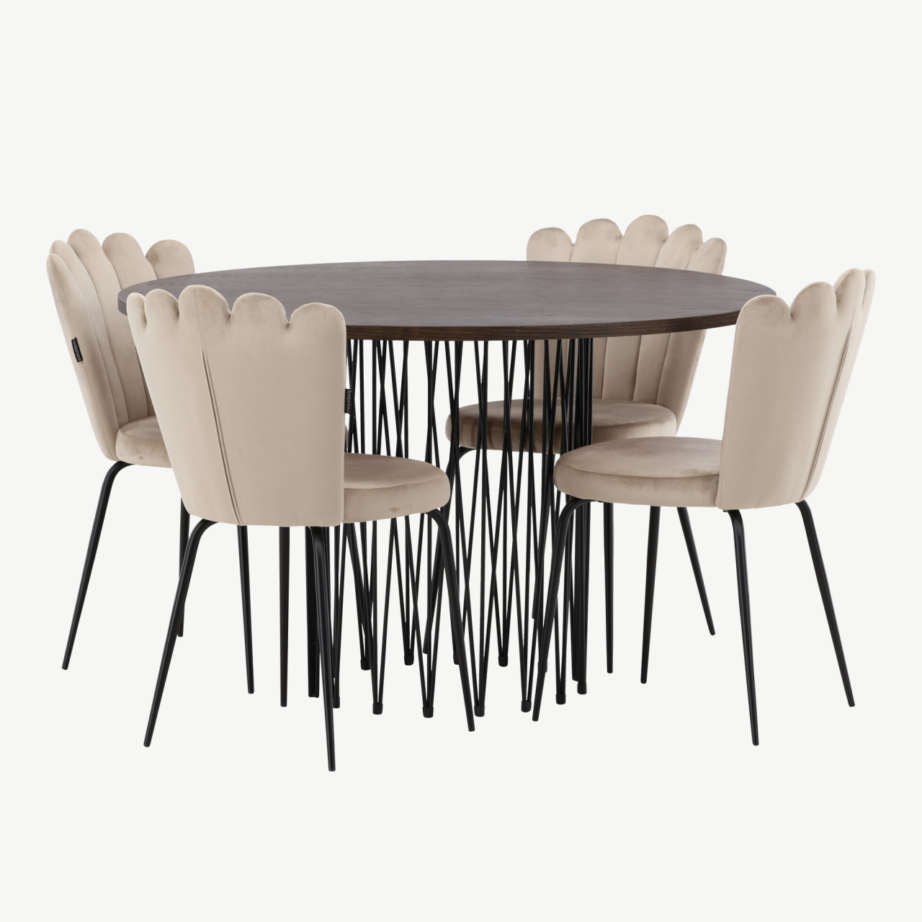 Ümmargune söögilauakomplekt Stone mokka viimistlusega laud ja beežid sametist toolid, GR23026 – 3