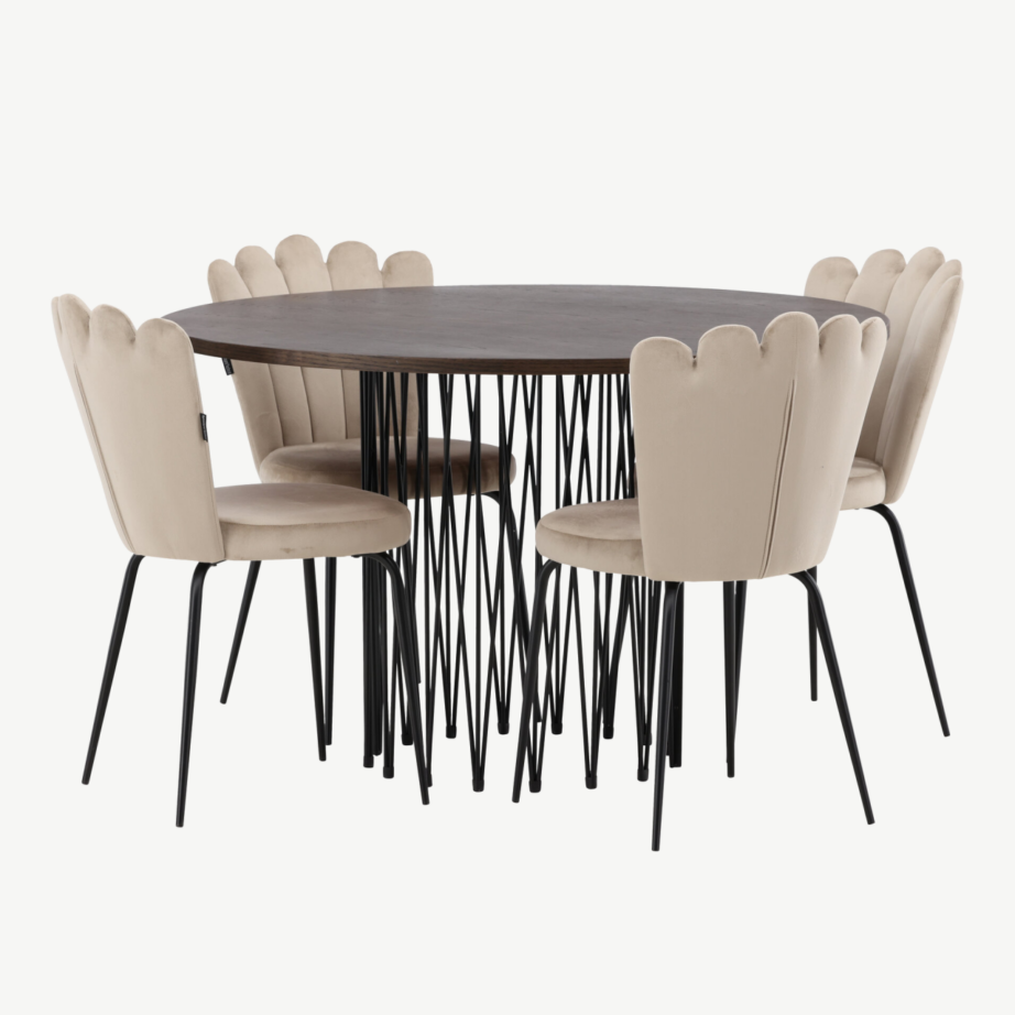 Ümmargune söögilauakomplekt Stone mokka viimistlusega laud ja beežid sametist toolid, GR23026 – 4