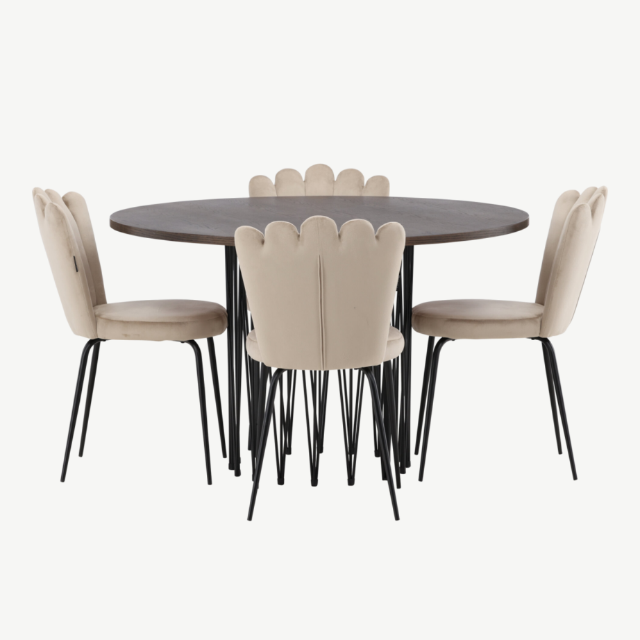 Ümmargune söögilauakomplekt Stone mokka viimistlusega laud ja beežid sametist toolid, GR23026 – 5