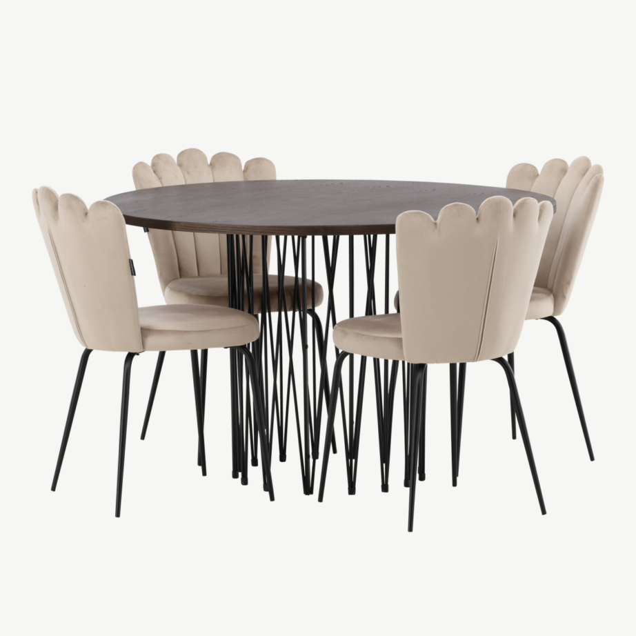 Ümmargune söögilauakomplekt Stone mokka viimistlusega laud ja beežid sametist toolid, GR23026 – 6