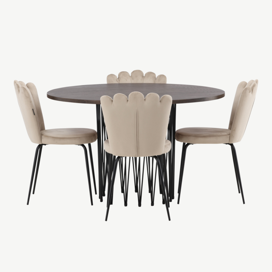 Ümmargune söögilauakomplekt Stone mokka viimistlusega laud ja beežid sametist toolid, GR23026 – 7