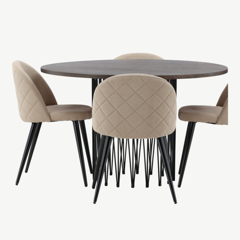 Ümmargune söögilauakomplekt Stone (mokkavärvi MDF laud, 4 beeži Velvet Stitches tooli) - GR22836