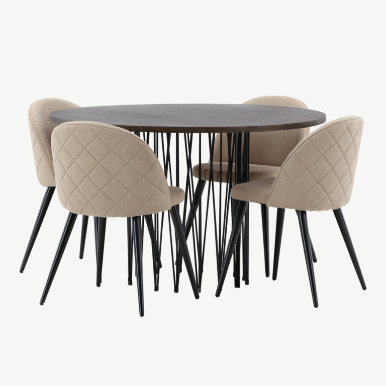 Ümmargune söögilauakomplekt Stone (mokkavärvi MDF laud, 4 beeži Velvet Stitches tooli) - GR22836