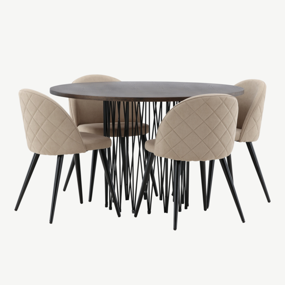 Ümmargune söögilauakomplekt Stone (mokkavärvi MDF laud, 4 beeži Velvet Stitches tooli), GR22836 – 4