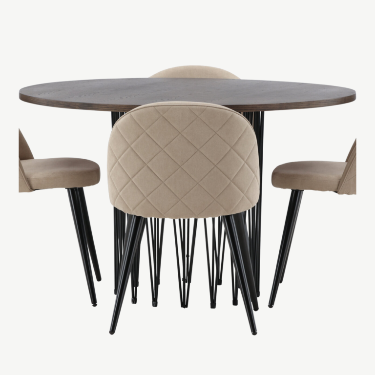 Ümmargune söögilauakomplekt Stone (mokkavärvi MDF laud, 4 beeži Velvet Stitches tooli) - GR22836