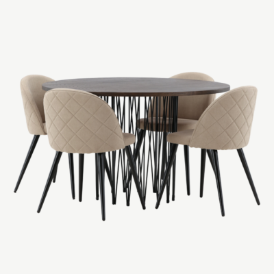 Ümmargune söögilauakomplekt Stone (mokkavärvi MDF laud, 4 beeži Velvet Stitches tooli) - GR22836