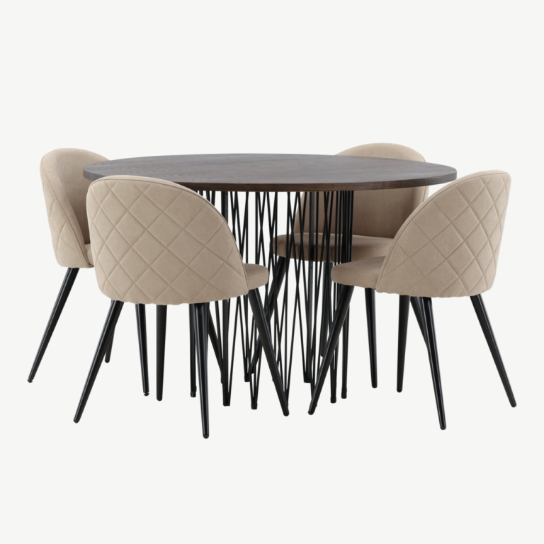 Ümmargune söögilauakomplekt Stone (mokkavärvi MDF laud, 4 beeži Velvet Stitches tooli) - GR22836