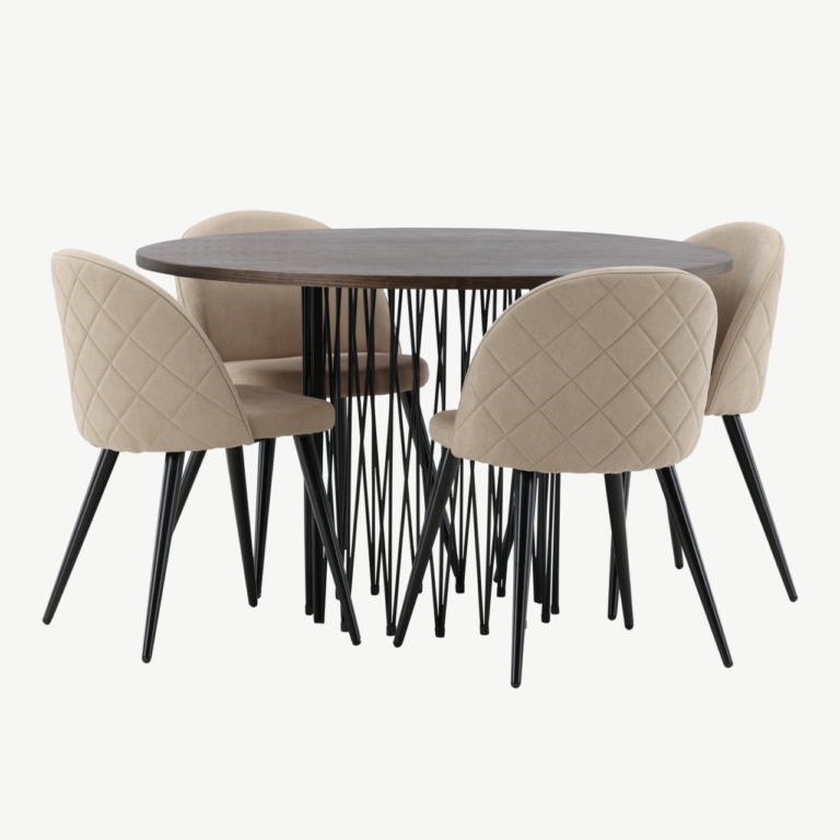 Ümmargune söögilauakomplekt Stone (mokkavärvi MDF laud, 4 beeži Velvet Stitches tooli) - GR22836