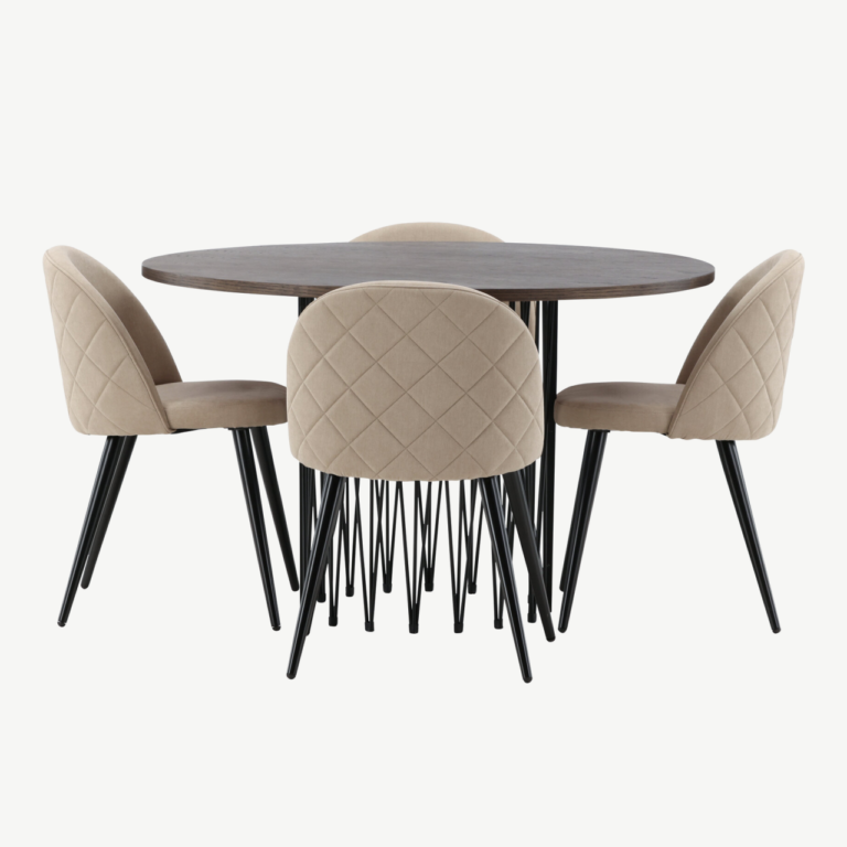 Ümmargune söögilauakomplekt Stone (mokkavärvi MDF laud, 4 beeži Velvet Stitches tooli) - GR22836