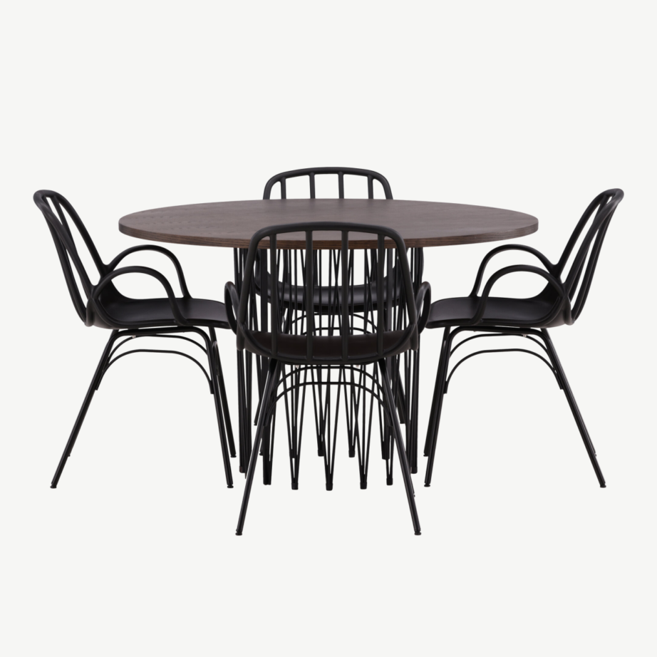 Ümmargune söögilauakomplekt Stone mokkavineeriga ja mustad Dyrön toolid, GR23023 – 2