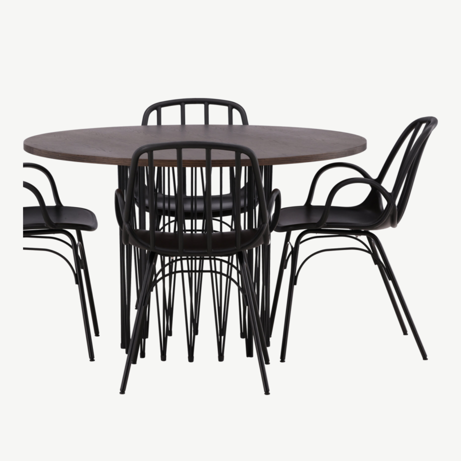 Ümmargune söögilauakomplekt Stone mokkavineeriga ja mustad Dyrön toolid, GR23023 – 5