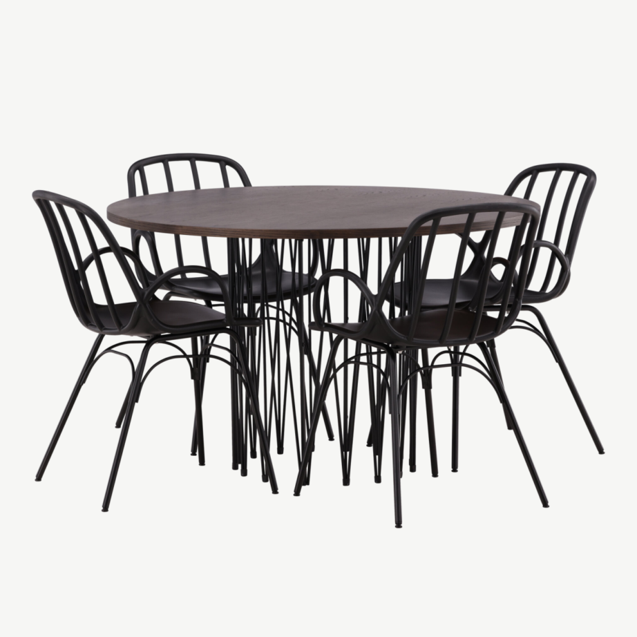 Ümmargune söögilauakomplekt Stone mokkavineeriga ja mustad Dyrön toolid, GR23023 – 6