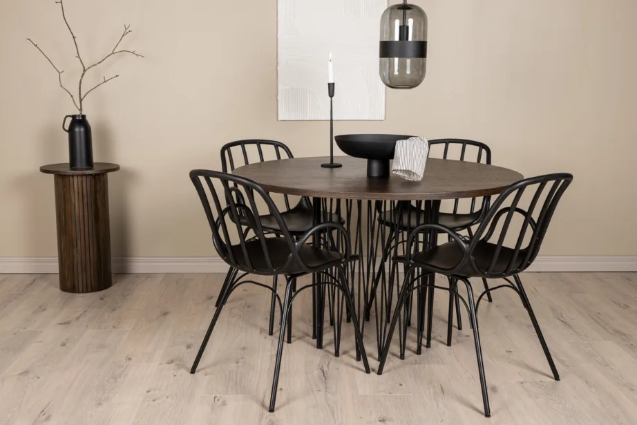 Ümmargune söögilauakomplekt Stone mokkavineeriga ja mustad Dyrön toolid, GR23023 – 8