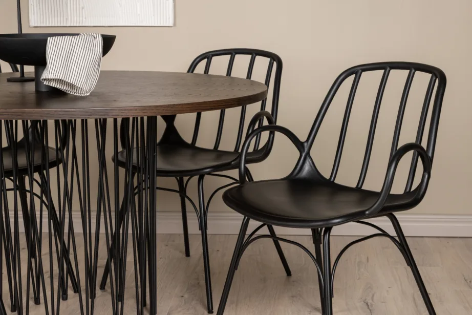 Ümmargune söögilauakomplekt Stone mokkavineeriga ja mustad Dyrön toolid, GR23023 – 9