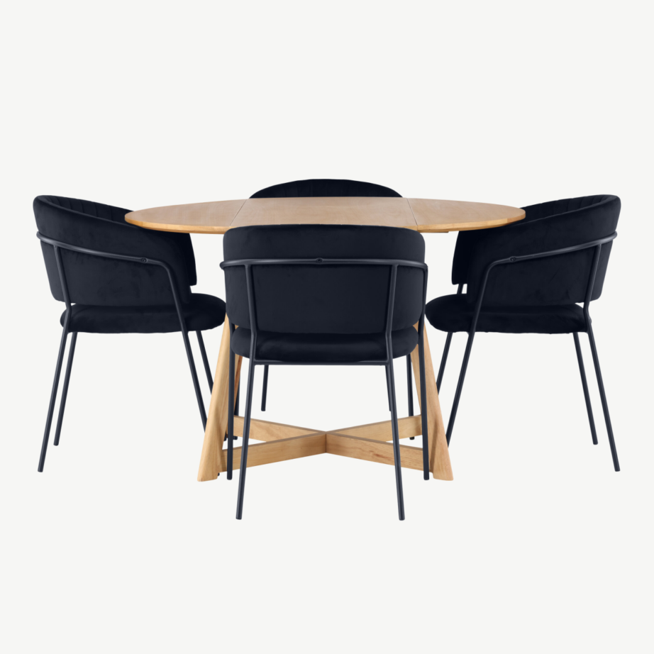 Ümmargune söögilauakomplekt Yakidon, pruun kummipuit, mustad sametkattega Selma toolid, GR23884 – 2