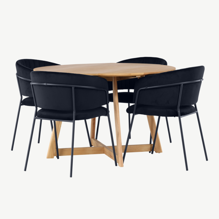 Ümmargune söögilauakomplekt Yakidon, pruun kummipuit, mustad sametkattega Selma toolid, GR23884 – 3