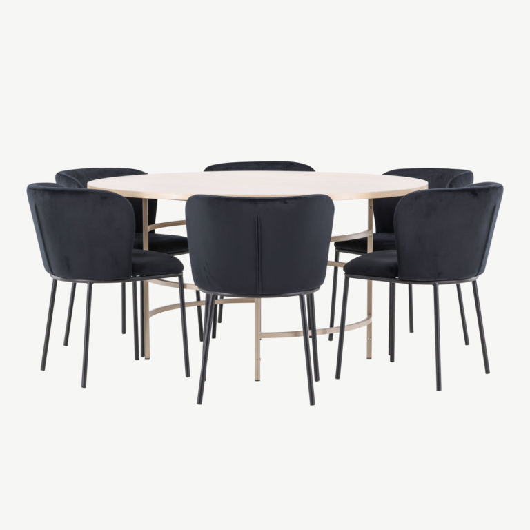 Ümmargune söögilauakomplekt valge peitsiga lauaga ø140 cm ja 6 musta velvetkattega tooliga (Copenhagen, Edina) - GR24749