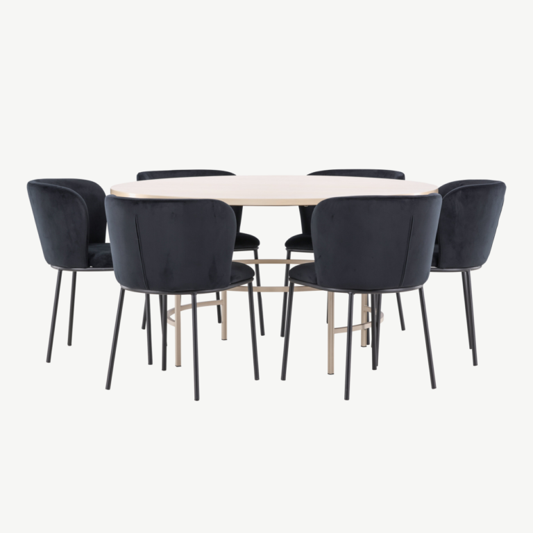 Ümmargune söögilauakomplekt valge peitsiga lauaga ø140 cm ja 6 musta velvetkattega tooliga (Copenhagen, Edina) - GR24749