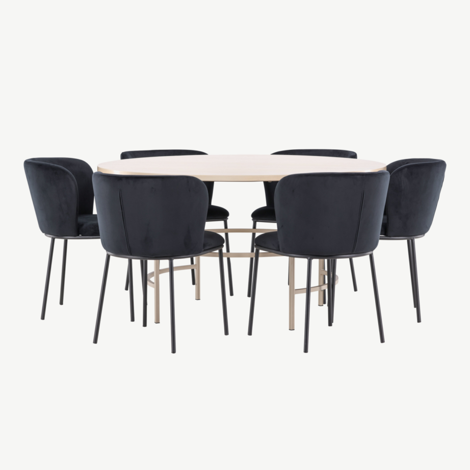 Ümmargune söögilauakomplekt: valge peitsiga laud ø140 cm ja 6 musta velvetkattega tooliga (Copenhagen, Edina), GR24749 – 6