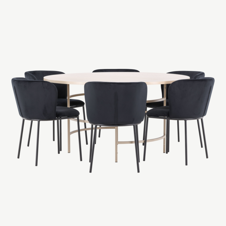 Ümmargune söögilauakomplekt valge peitsiga lauaga ø140 cm ja 6 musta velvetkattega tooliga (Copenhagen, Edina) - GR24749