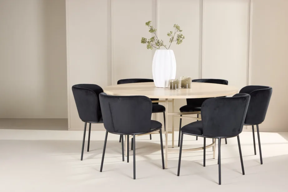 Ümmargune söögilauakomplekt: valge peitsiga laud ø140 cm ja 6 musta velvetkattega tooliga (Copenhagen, Edina), GR24749 – 8