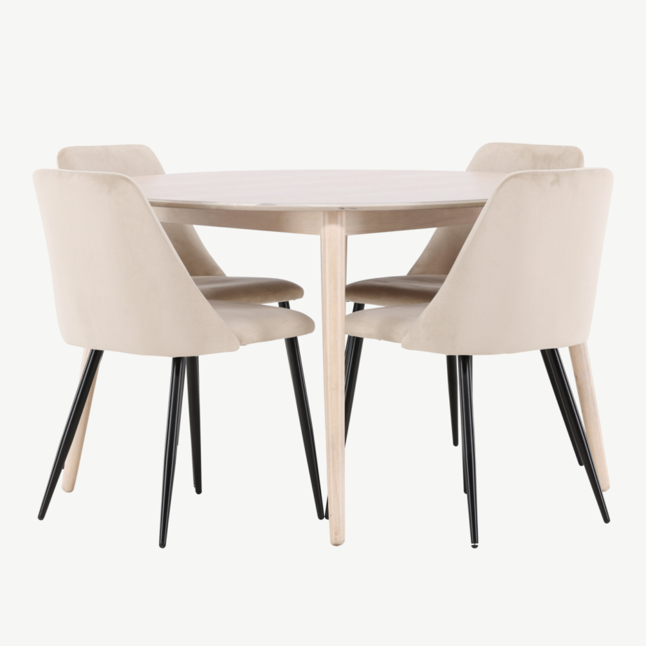 Ümmargune söögilauakomplekt: valge peitsiga laud 120 cm ja 4 pruuni kangaga tooli (Flora & Edina), GR24720