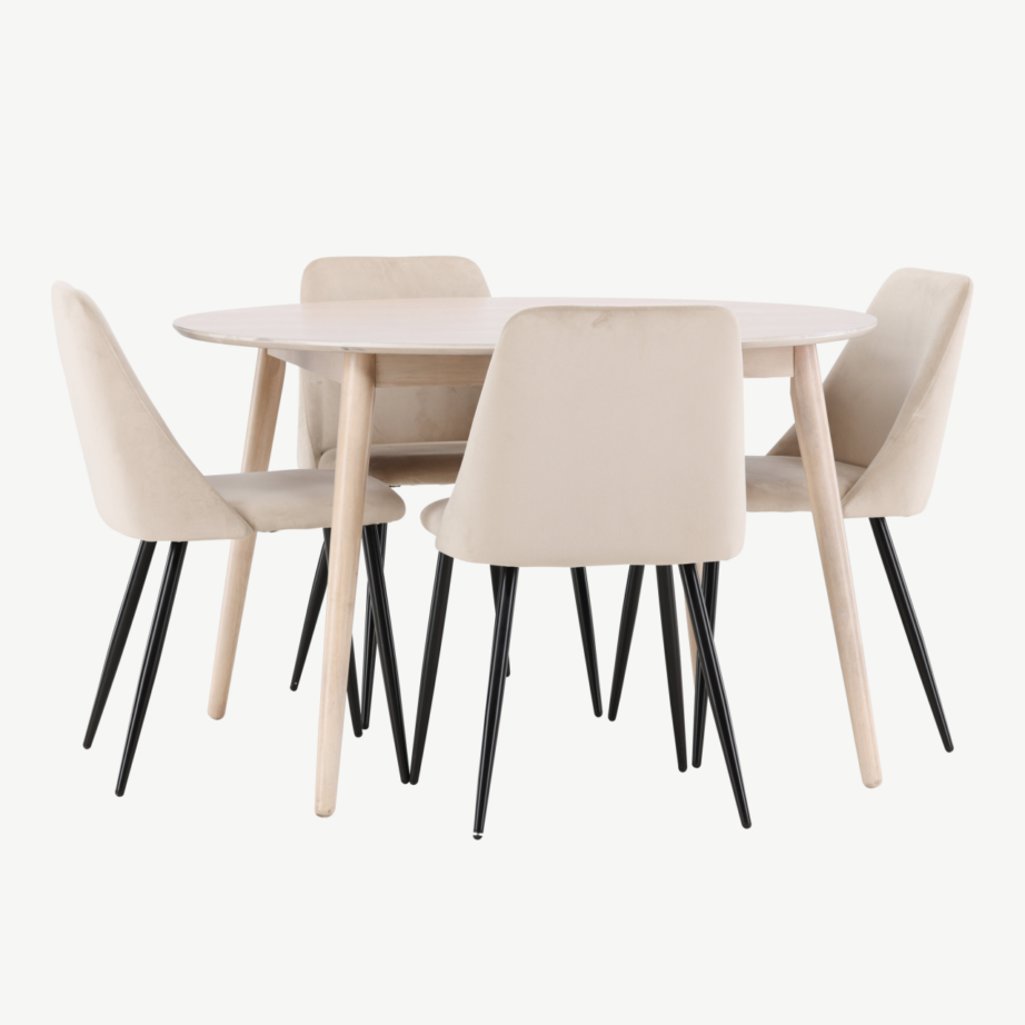 Ümmargune söögilauakomplekt: valge peitsiga laud ø120 cm ja 4 beeži velvetkattega tooli (Flora, Night), GR24721 – 2