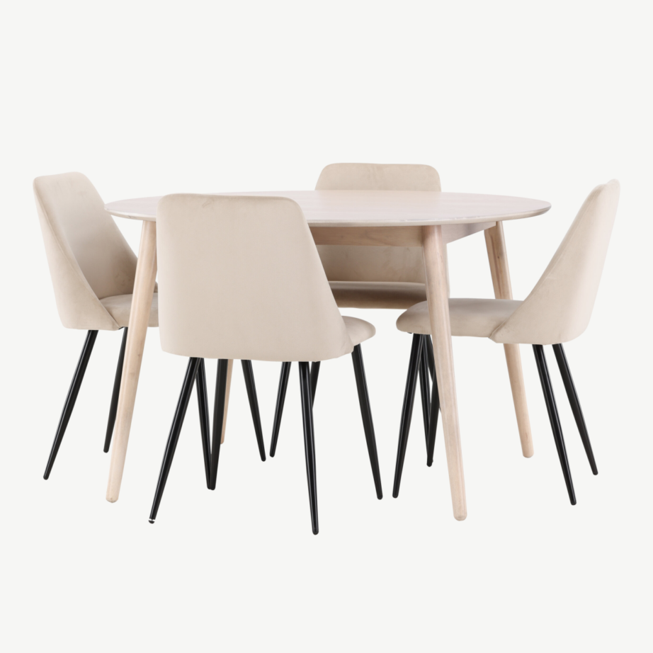 Ümmargune söögilauakomplekt: valge peitsiga laud ø120 cm ja 4 beeži velvetkattega tooli (Flora, Night), GR24721 – 3