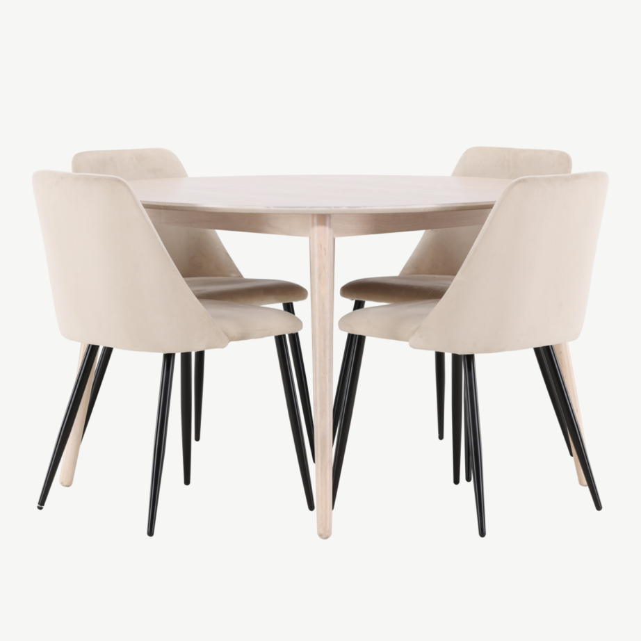 Ümmargune söögilauakomplekt: valge peitsiga laud ø120 cm ja 4 beeži velvetkattega tooli (Flora, Night), GR24721 – 4