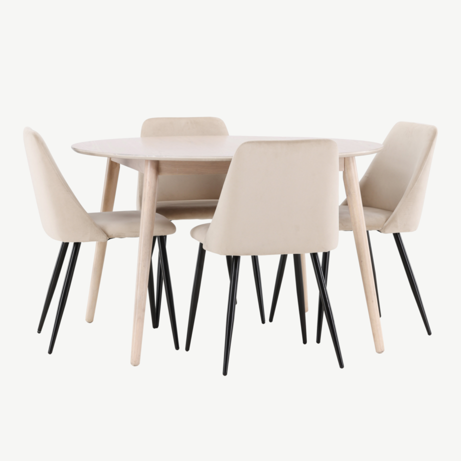 Ümmargune söögilauakomplekt: valge peitsiga laud ø120 cm ja 4 beeži velvetkattega tooli (Flora, Night), GR24721 – 5