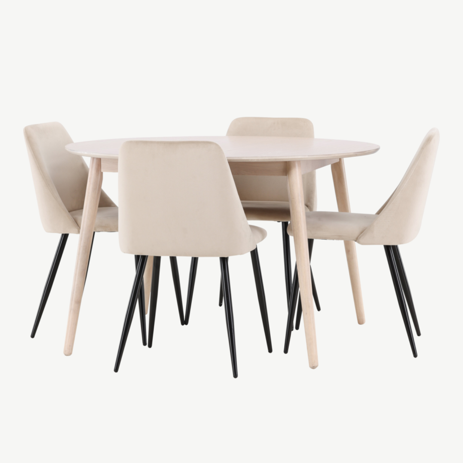 Ümmargune söögilauakomplekt: valge peitsiga laud ø120 cm ja 4 beeži velvetkattega tooli (Flora, Night), GR24721 – 6