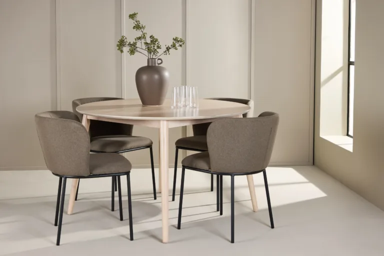 Ümmargune söögilauakomplekt: valge peitsiga laud 120 cm ja 4 pruuni kangaga tooli (Flora & Edina) - GR24720