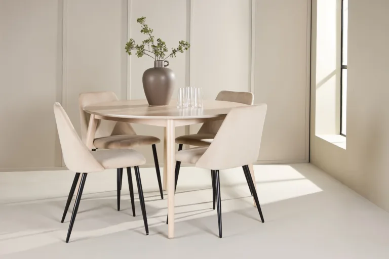 Ümmargune söögilauakomplekt: valge peitsiga laud ø120 cm ja 4 beeži velvetkattega tooli (Flora, Night) - GR24721