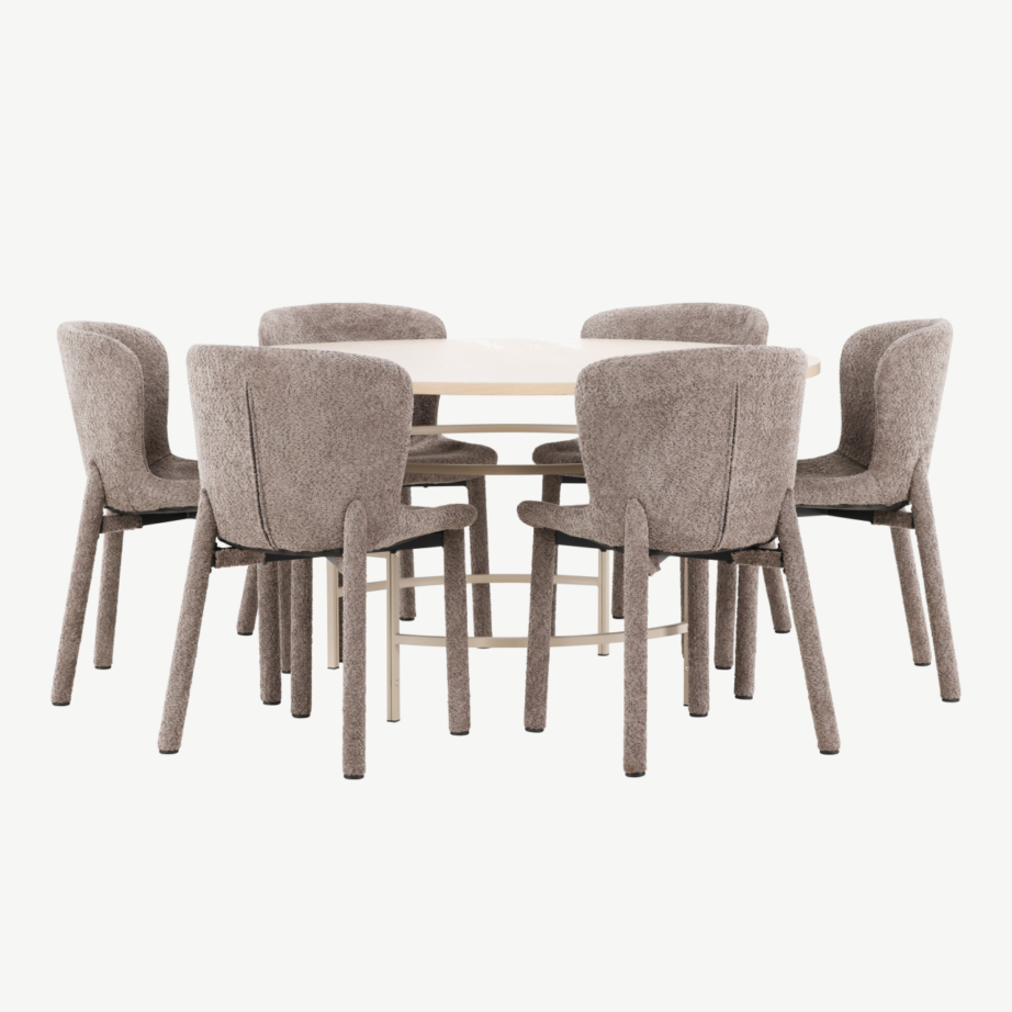 Ümmargune söögilauakomplekt: valge peitsiga laud ⌀140 cm ja 6 pruuni bukleekangaga tooli (Copenhagen, Astoria), GR24751 – 2