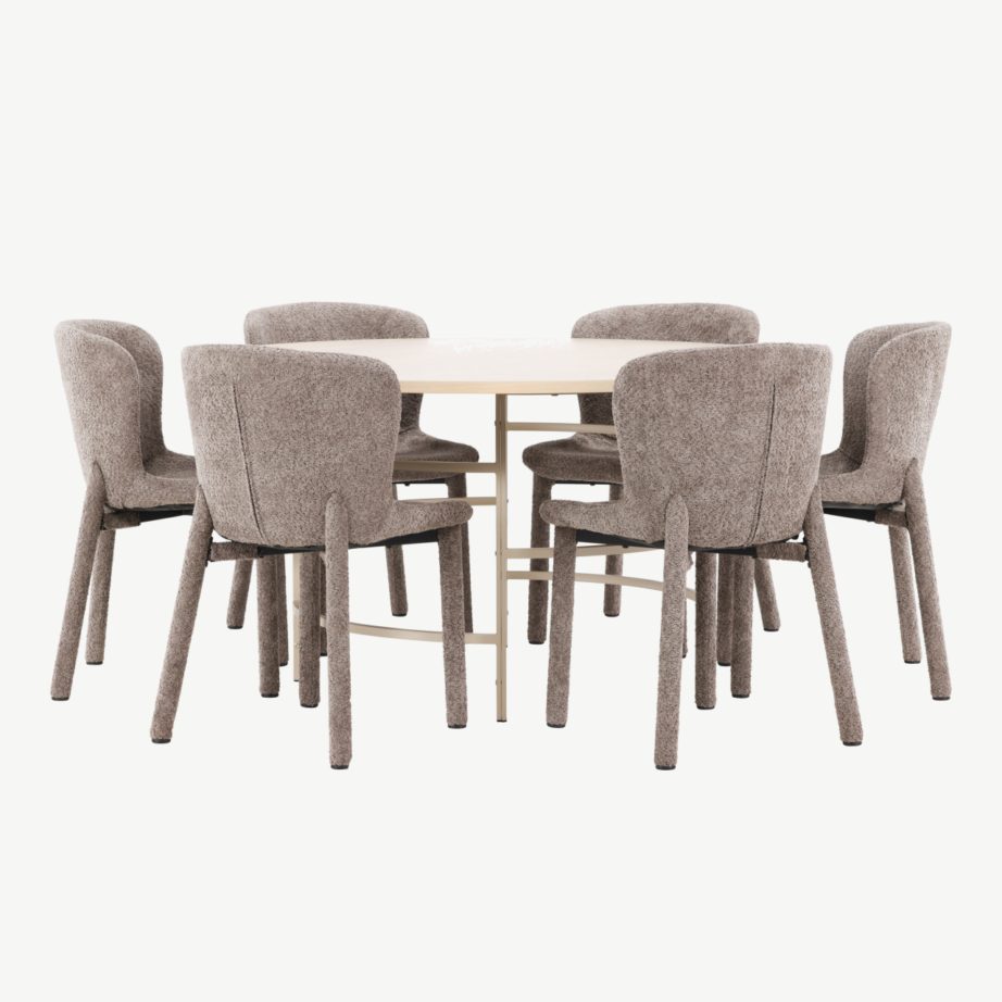 Ümmargune söögilauakomplekt: valge peitsiga laud ⌀140 cm ja 6 pruuni bukleekangaga tooli (Copenhagen, Astoria), GR24751 – 4