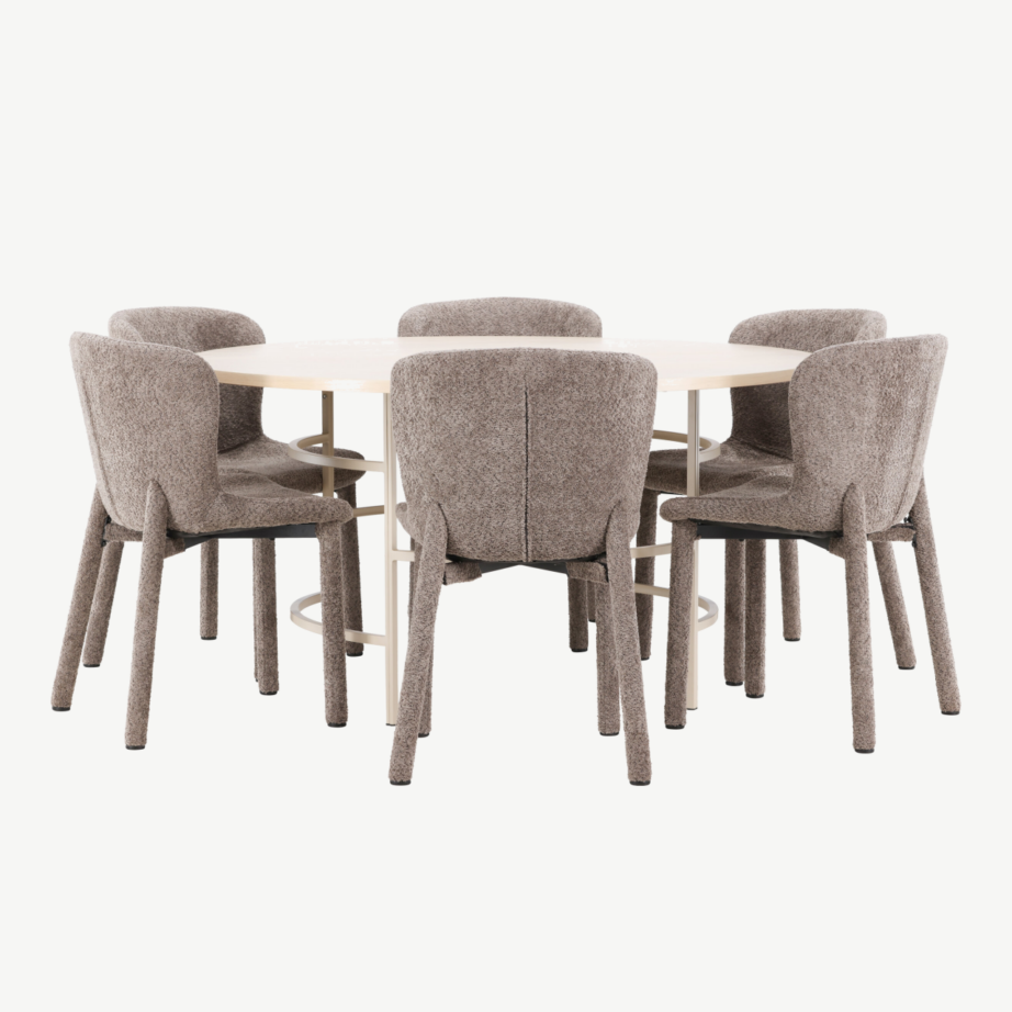 Ümmargune söögilauakomplekt: valge peitsiga laud ⌀140 cm ja 6 pruuni bukleekangaga tooli (Copenhagen, Astoria), GR24751 – 5