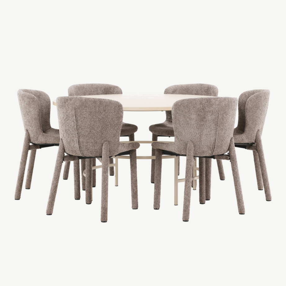 Ümmargune söögilauakomplekt: valge peitsiga laud ⌀140 cm ja 6 pruuni bukleekangaga tooli (Copenhagen, Astoria), GR24751 – 6