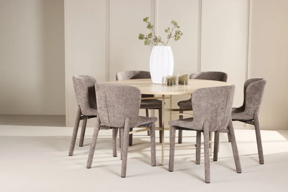 Ümmargune söögilauakomplekt: valge peitsiga laud ⌀140 cm ja 6 pruuni bukleekangaga tooli (Copenhagen, Astoria), GR24751 – 8