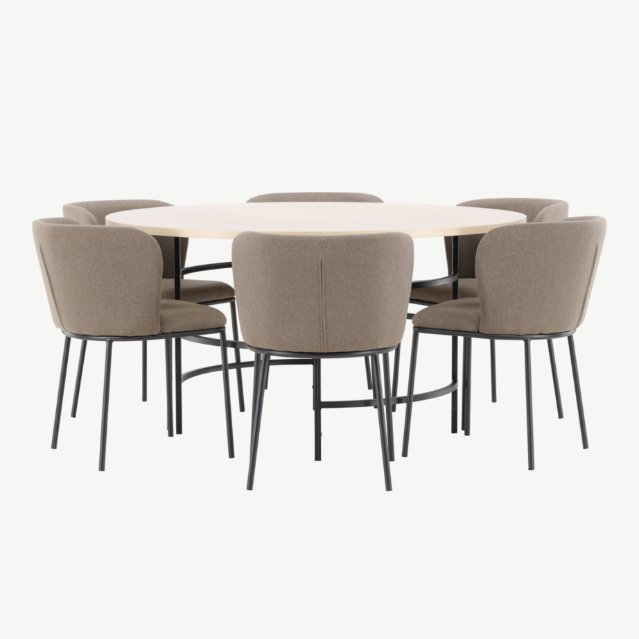 Ümmargune söögilauakomplekt: valgeks peitsitud Copenhagen laud 140 cm ja 6 pruuni kangaga Edina tooli, GR24755